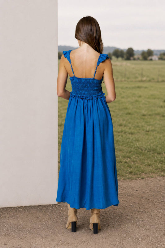 Denim Smocked Ruffle Strap Midi
