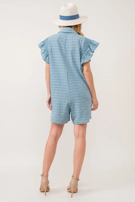 Textured Short Ruffle Sleeve Romper - Powder Blue