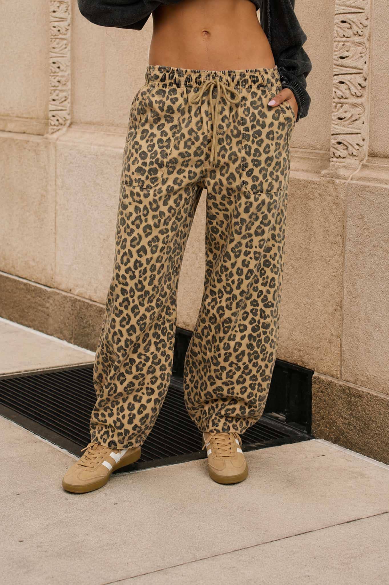 Leopard Print Drawstring Barrel Pants