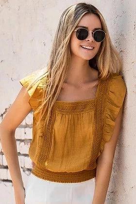 Turmeric Boxy Neckline Short Sleeve Top